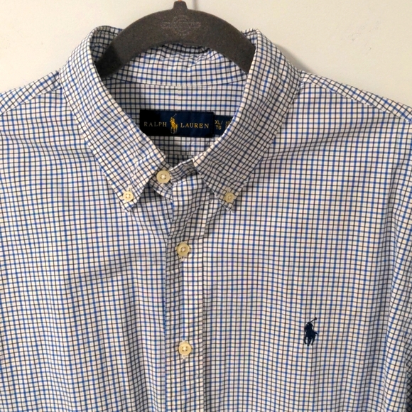 Ralph Lauren Men's dress shirt, XL, blue/white plaid, Oxford, button down - Picture 2 of 4